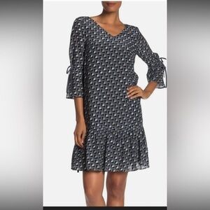 Lafayette 148 silk ANA-GRACE GLIDING GEO DROP-WAIST DRESS IN PORT BLUE MULTI L